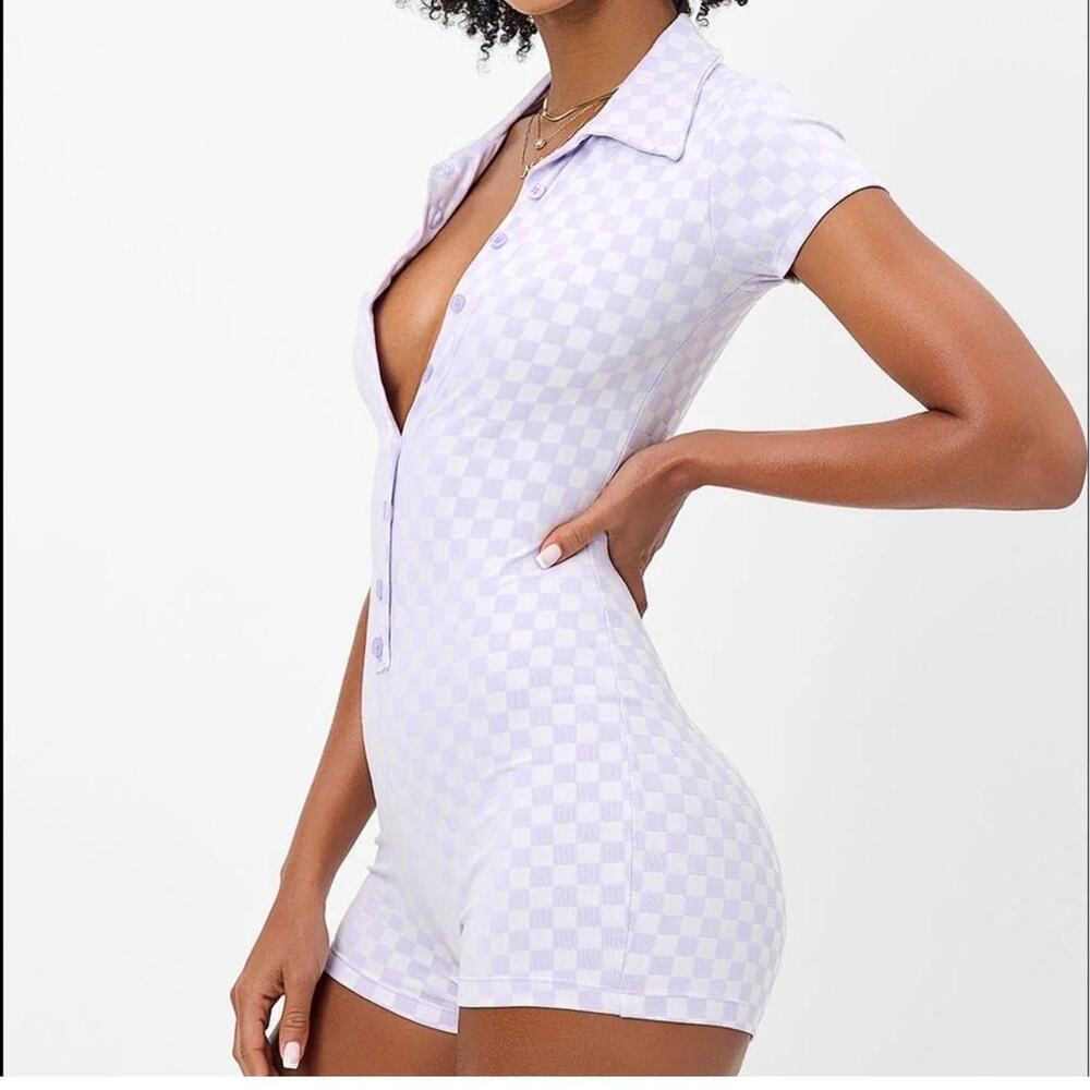 Frankie's Bikinis Rose Romper in Purple Check